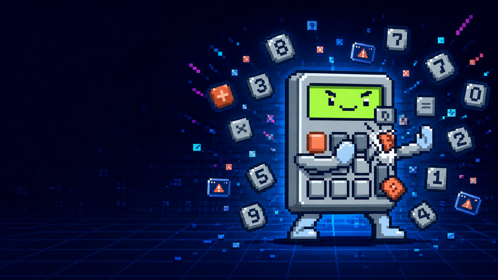 A cheerful calculator buddy holding on while number keys and error windows burst around it